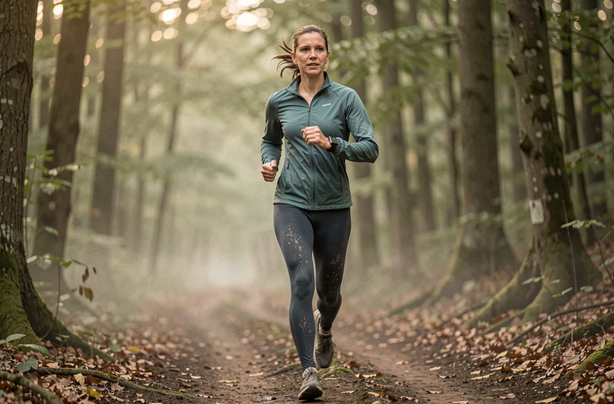 Femme en train de courir sur un sentier forestier en sortie longue, consultant sa montre GPS pour vérifier son allure en min/km
