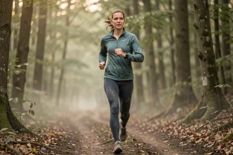 Femme en train de courir sur un sentier forestier en sortie longue, consultant sa montre GPS pour vérifier son allure en min/km