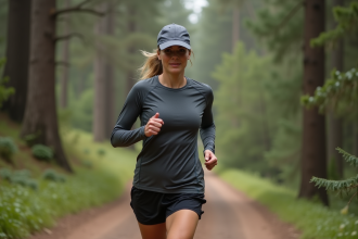 Femme courant en forêt avec un chapeau technique