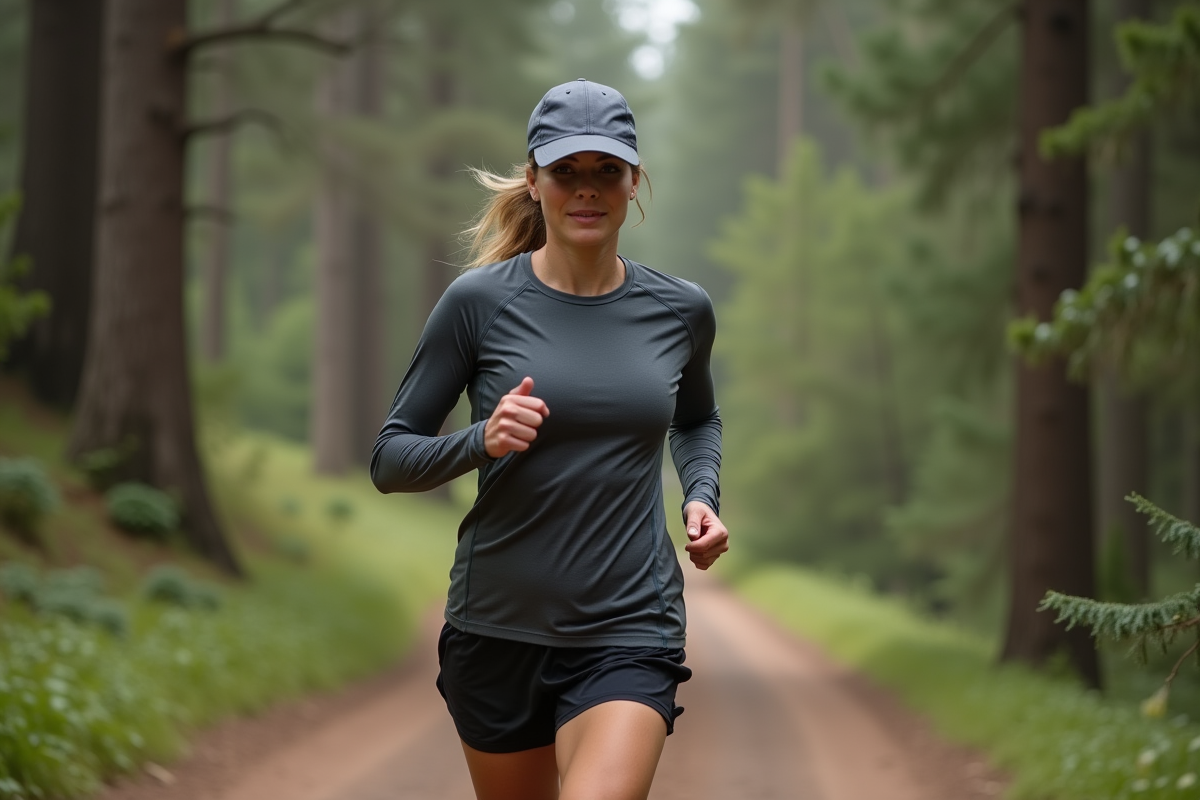 Femme courant en forêt avec un chapeau technique