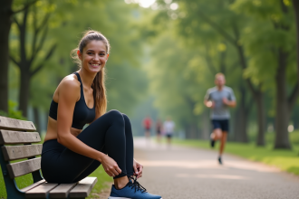 Jeune femme en tenue de sport attache ses chaussures dans un parc