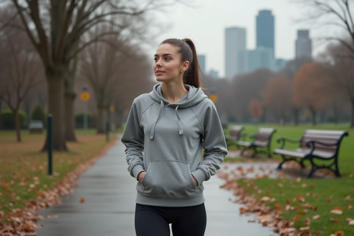 Jeune femme en tenue de sport se reposant dans un parc urbain