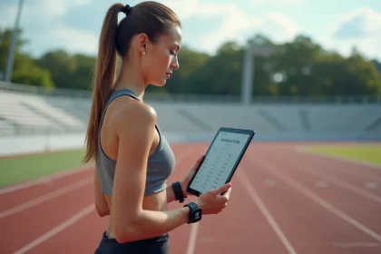 Femme sportive vérifiant une tablette sur piste d'athlétisme