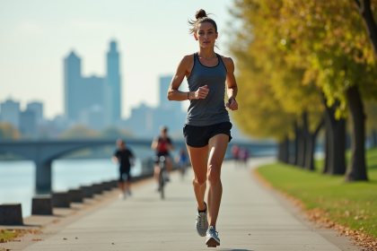 Femme en course urbaine sur un chemin au bord de la rivière