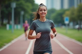 Jeune femme en course urbaine sur piste verte