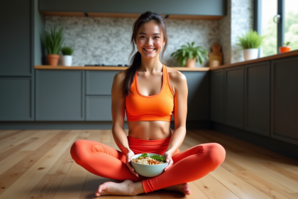Jeune femme sportive prépare un bol végétal dans la cuisine