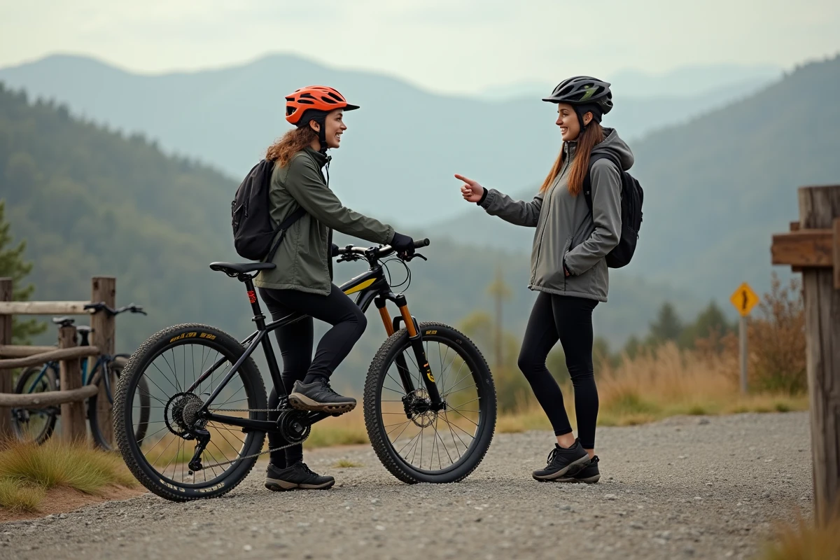 Femme en vélo discutant avec une amie sur un sentier