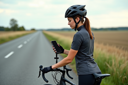 Jeune femme en tenue de cyclisme fixant son smartphone sur le vélo