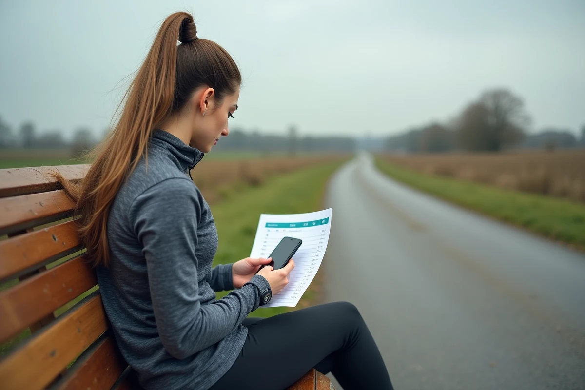 Jeune femme en tenue de course compare son rythme sur smartphone