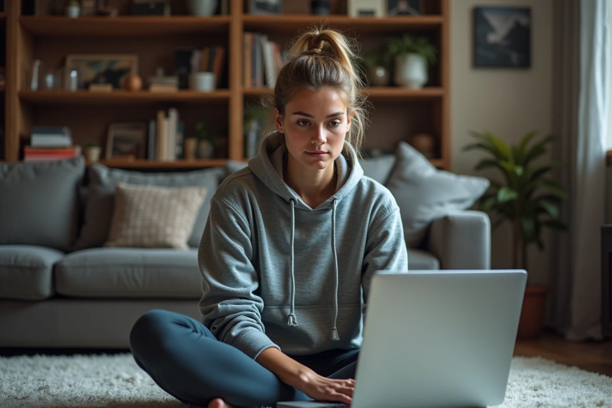 Jeune femme inscrivant en ligne pour un trail en intérieur