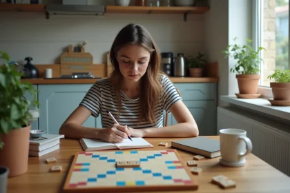 Jeune femme écrit dans un carnet avec jeu de Scrabble