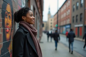 Femme réfléchie devant une fresque d'Ashe Arthur en ville