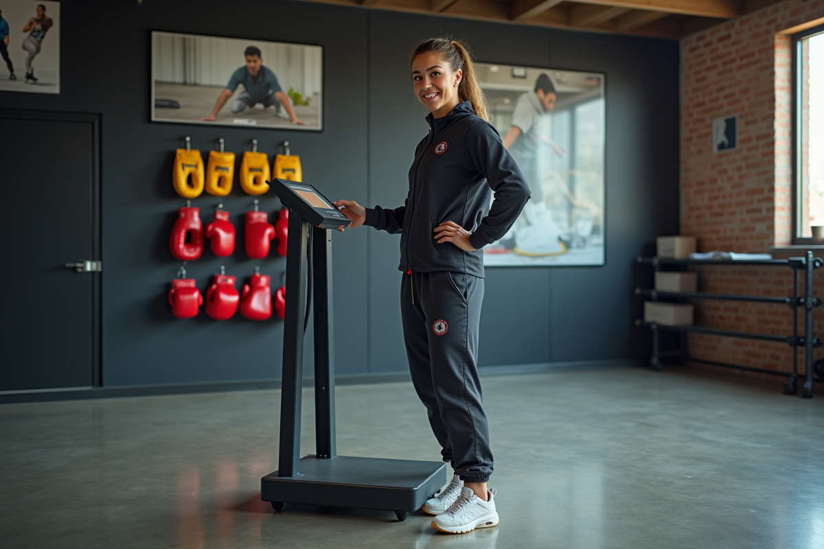 Femme boxeuse vérifiant son poids dans un gym moderne