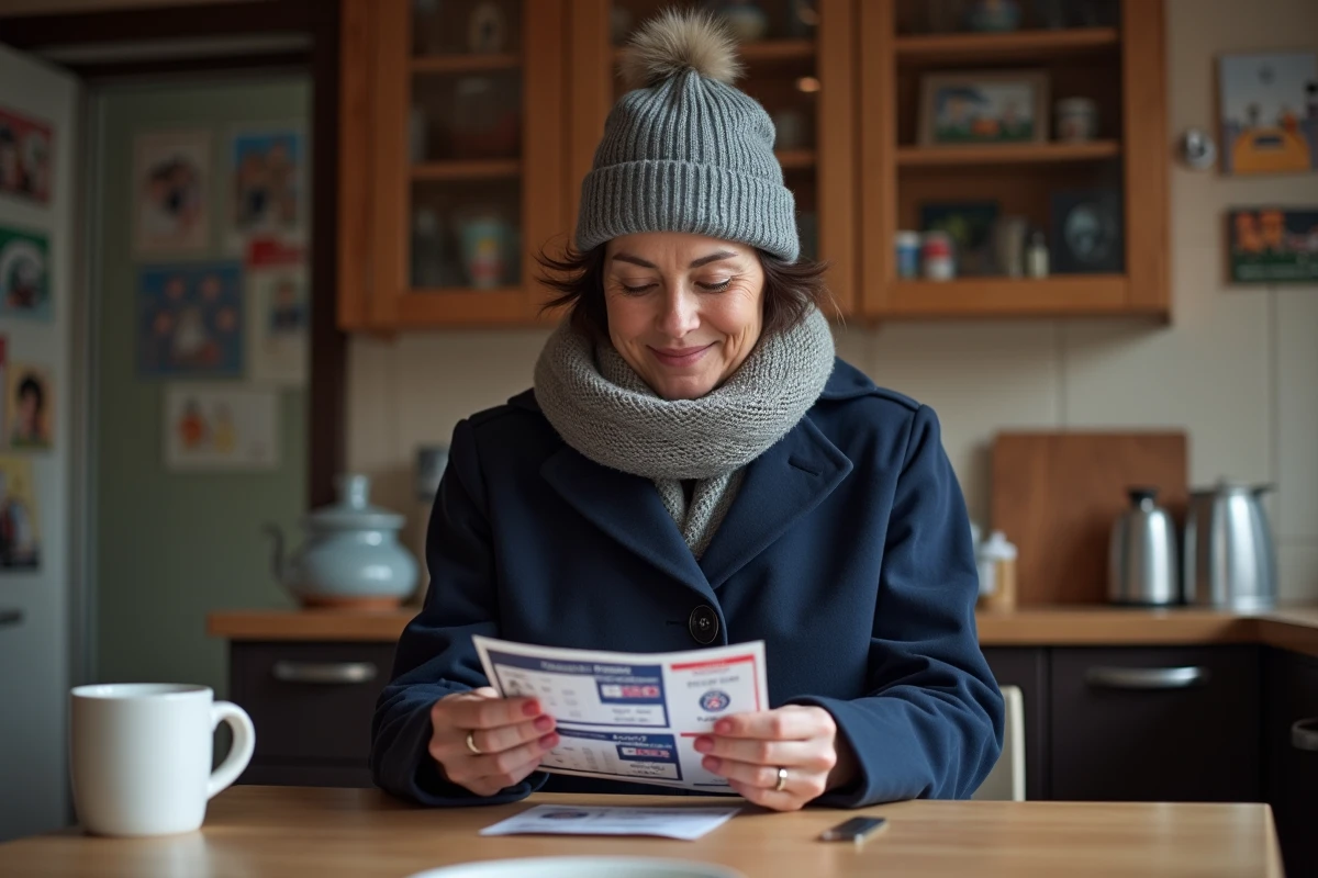 Femme dans cuisine examinant billets Paris FC papier