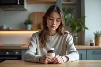 Jeune femme examine une bouteille de taurine dans la cuisine
