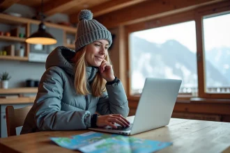 Femme souriante en ski à Les Menuires dans un appartement alpin