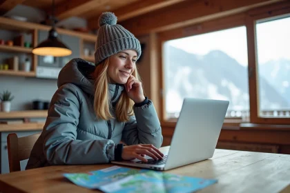 Femme souriante en ski à Les Menuires dans un appartement alpin