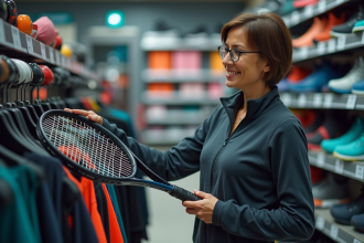 Femme sportive dans un magasin de sport regardant un raquette