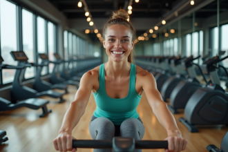 Jeune femme en leggings et débardeur souriante à la fin de son entraînement