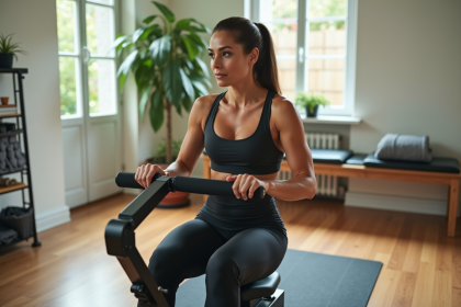 Femme en entraînement de rame dans un gym maison lumineux