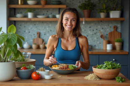 Jeune femme sportive préparant un bol végétal chez elle