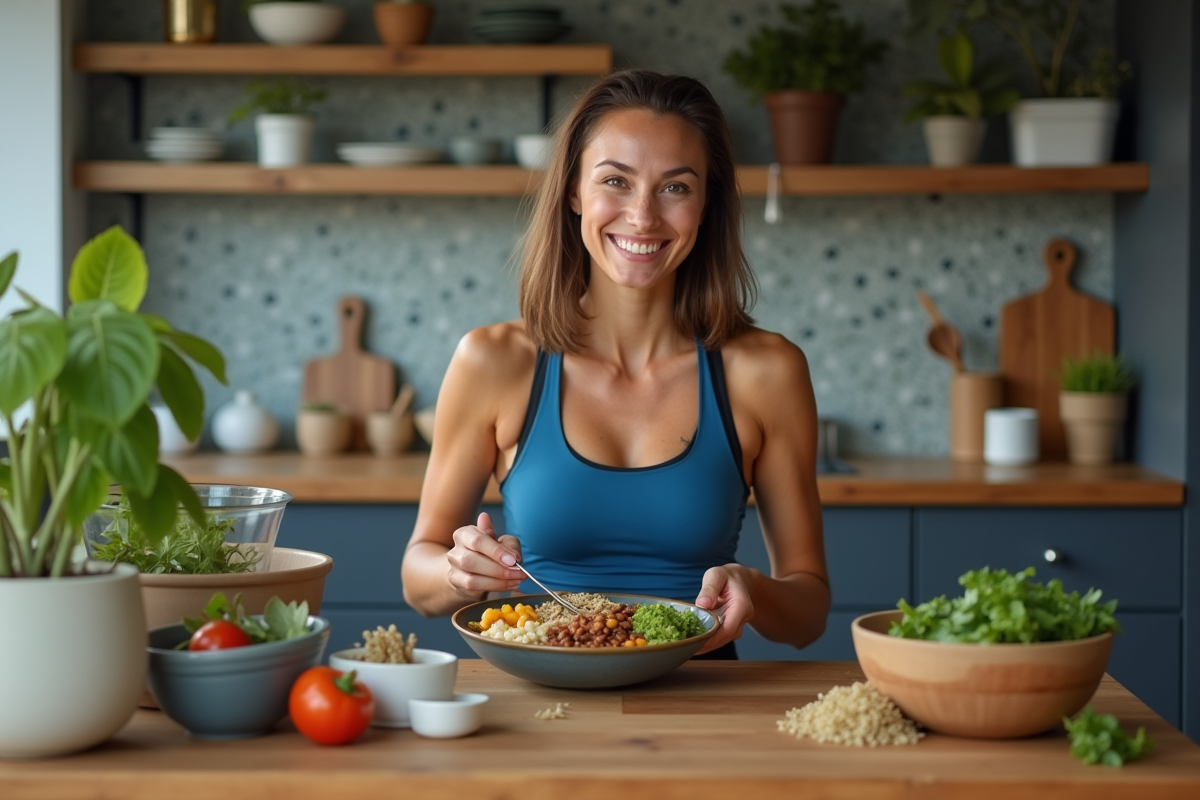 Jeune femme sportive préparant un bol végétal chez elle