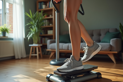 Femme en entraînement à la maison avec stepper moderne
