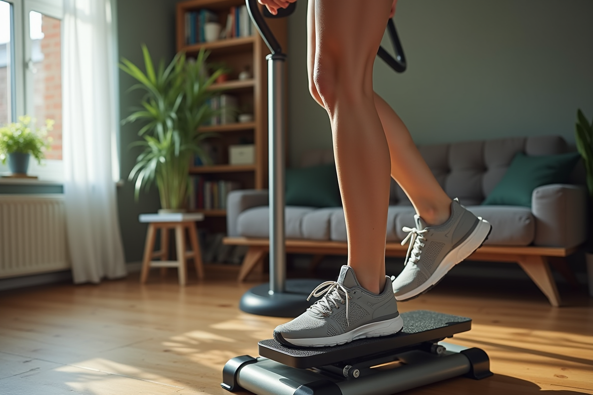 Femme en entraînement à la maison avec stepper moderne