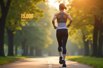 Femme sportive marchant dans un parc en matinée avec compteur de pas