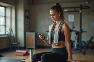Jeune femme sportive regardant sa smartwatch en salle de sport