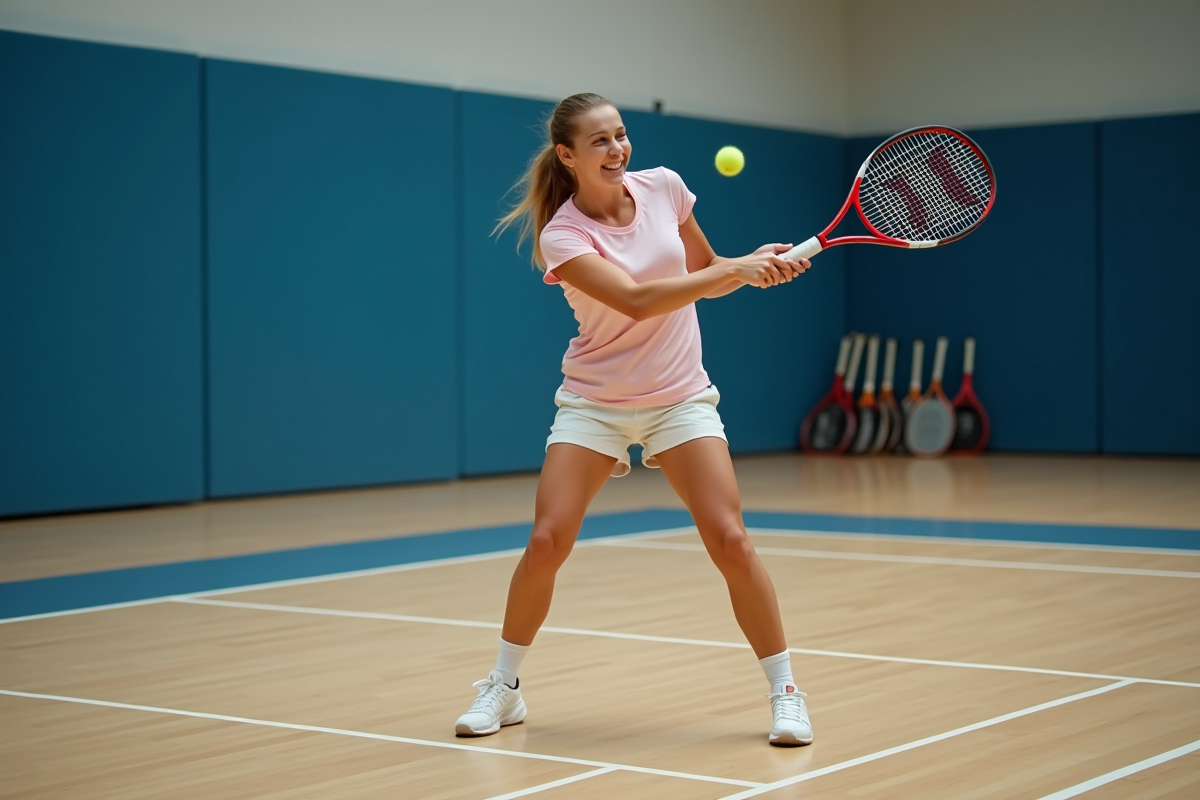 Femme souriante effectuant un revers à deux mains en intérieur