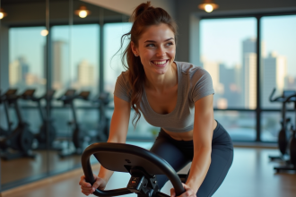 Femme sportive en salle de sport sur vélo d'appartement