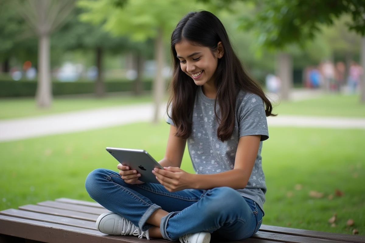 Fille adolescente souriante utilisant une tablette dans un parc