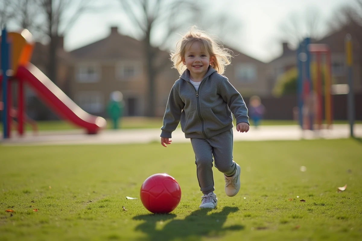Fille de 3 ans souriante courant après un ballon dans un parc