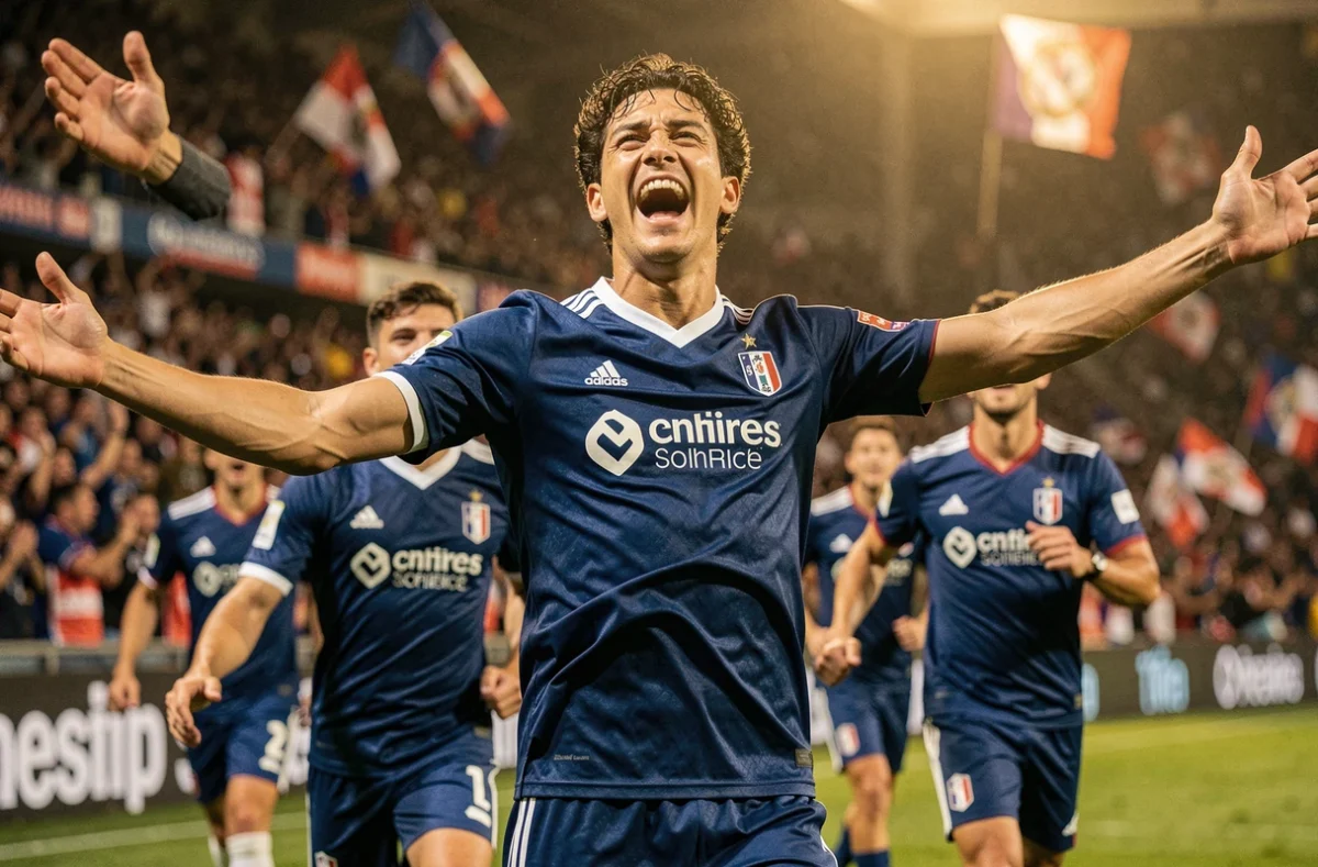 Joueur argentin célébrant un but avec ses coéquipiers dans un stade de Ligue 1 en 2026
