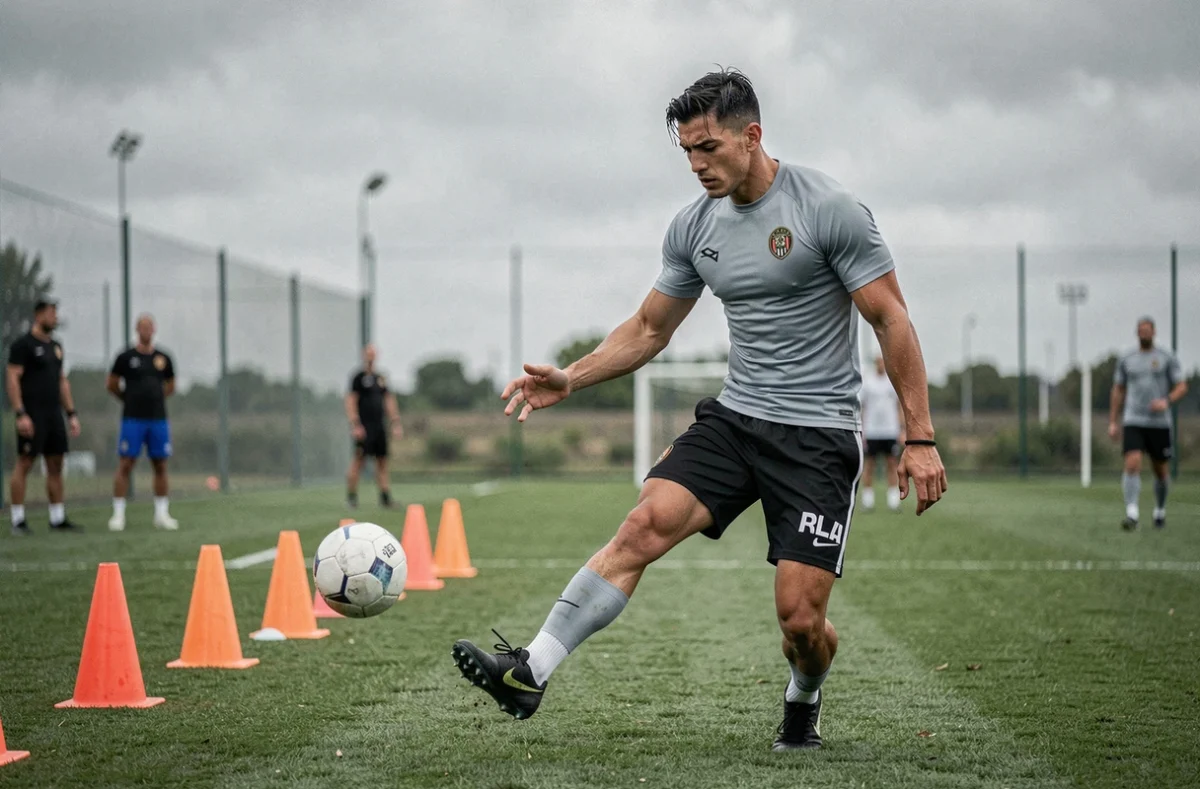 Footballeur argentin à l'entraînement avec son club de Ligue 1 en 2026