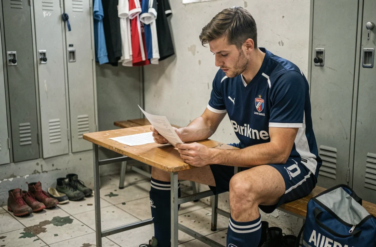 Footballeur en National 2 lisant son contrat salarial dans un vestiaire de club amateur