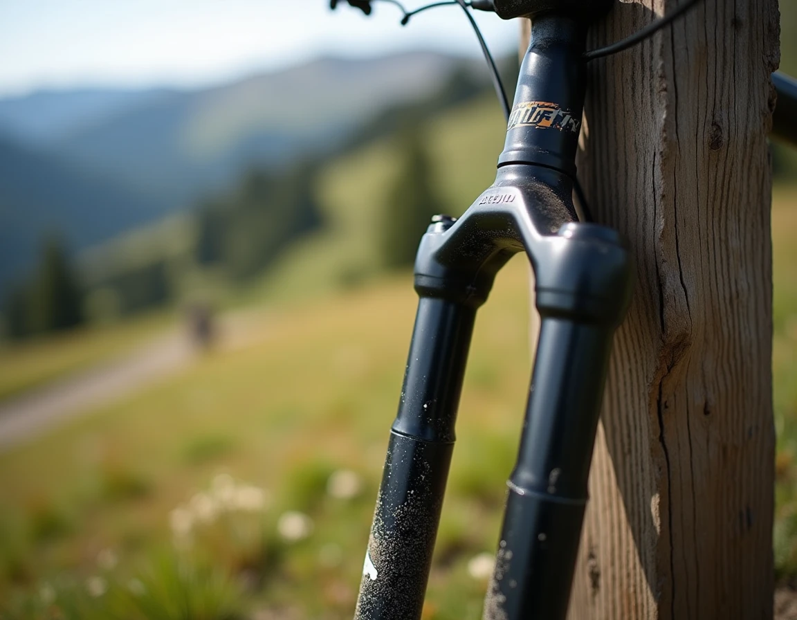 Fourche suspension Manitou Comp appuyée contre un poteau en bois dans un pré alpin avec montagne en arrière-plan