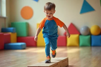 Garçon de 3 ans en tenue sportive en action dans une salle de sport