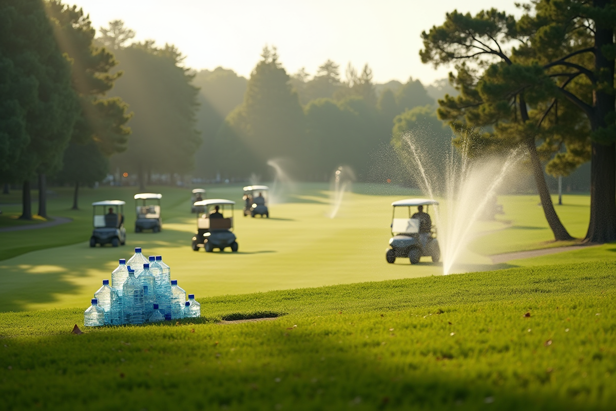 Terrain de golf vert avec voitures et arrosage au matin