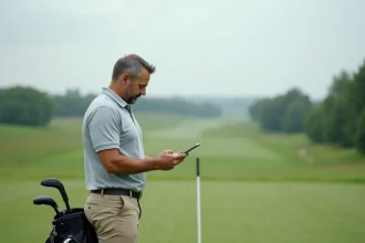Golfeur consultant un blog d'entraînement golf sur tablette au practice pour structurer sa session