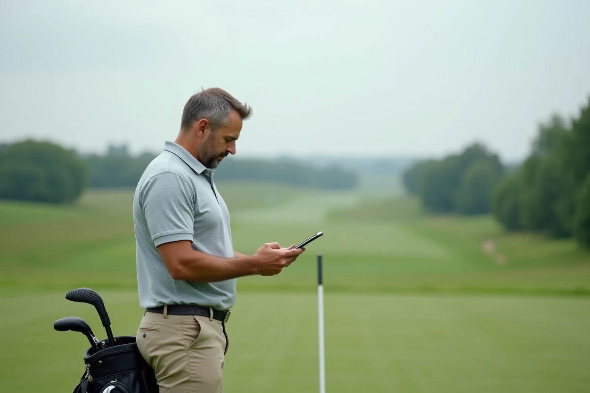 Golfeur consultant un blog d'entraînement golf sur tablette au practice pour structurer sa session