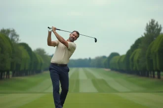 Golfeur en plein swing sur un parcours de golf à 30 minutes de Paris, en région Île-de-France
