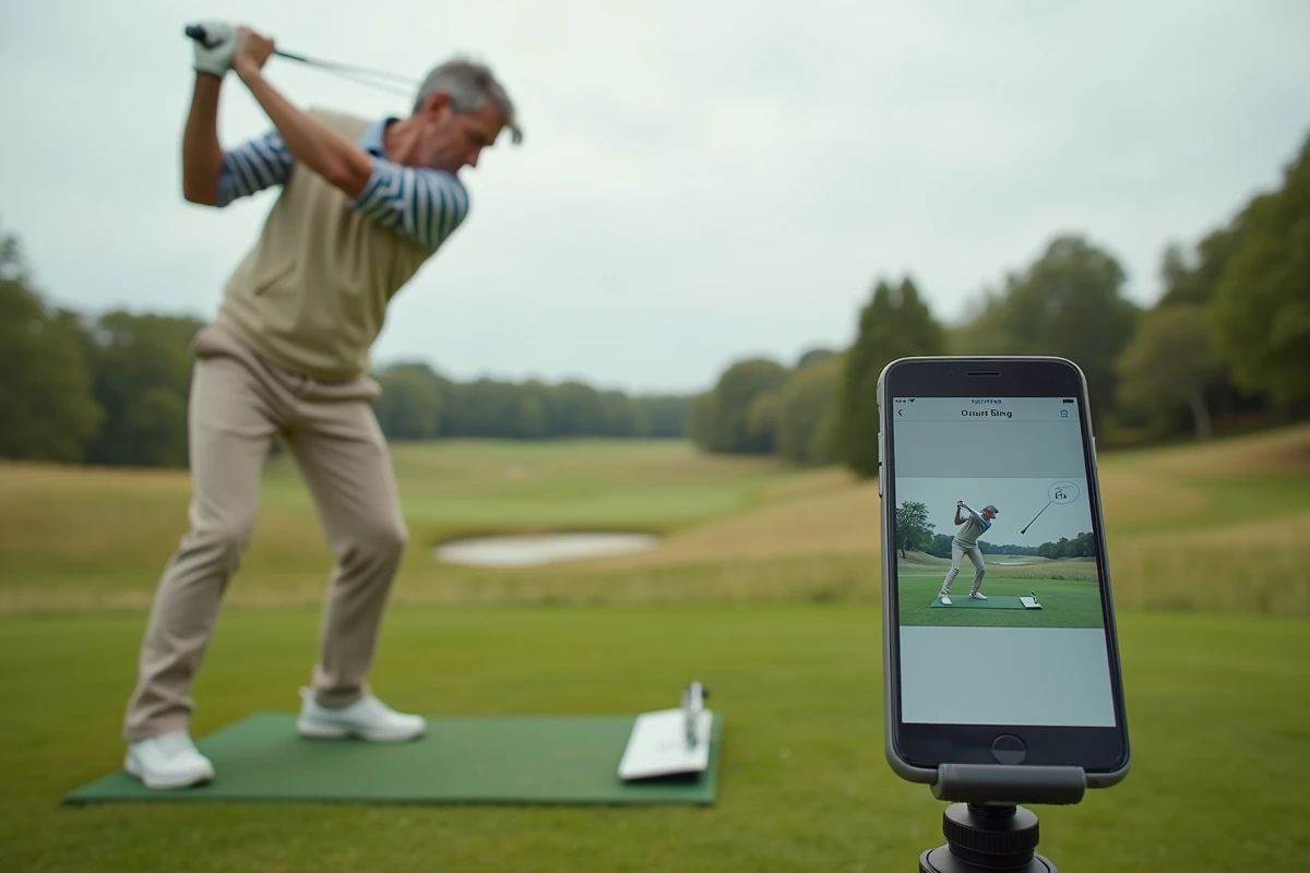 Golfeur senior suivant un programme d'entraînement structuré depuis un blog golf affiché sur smartphone