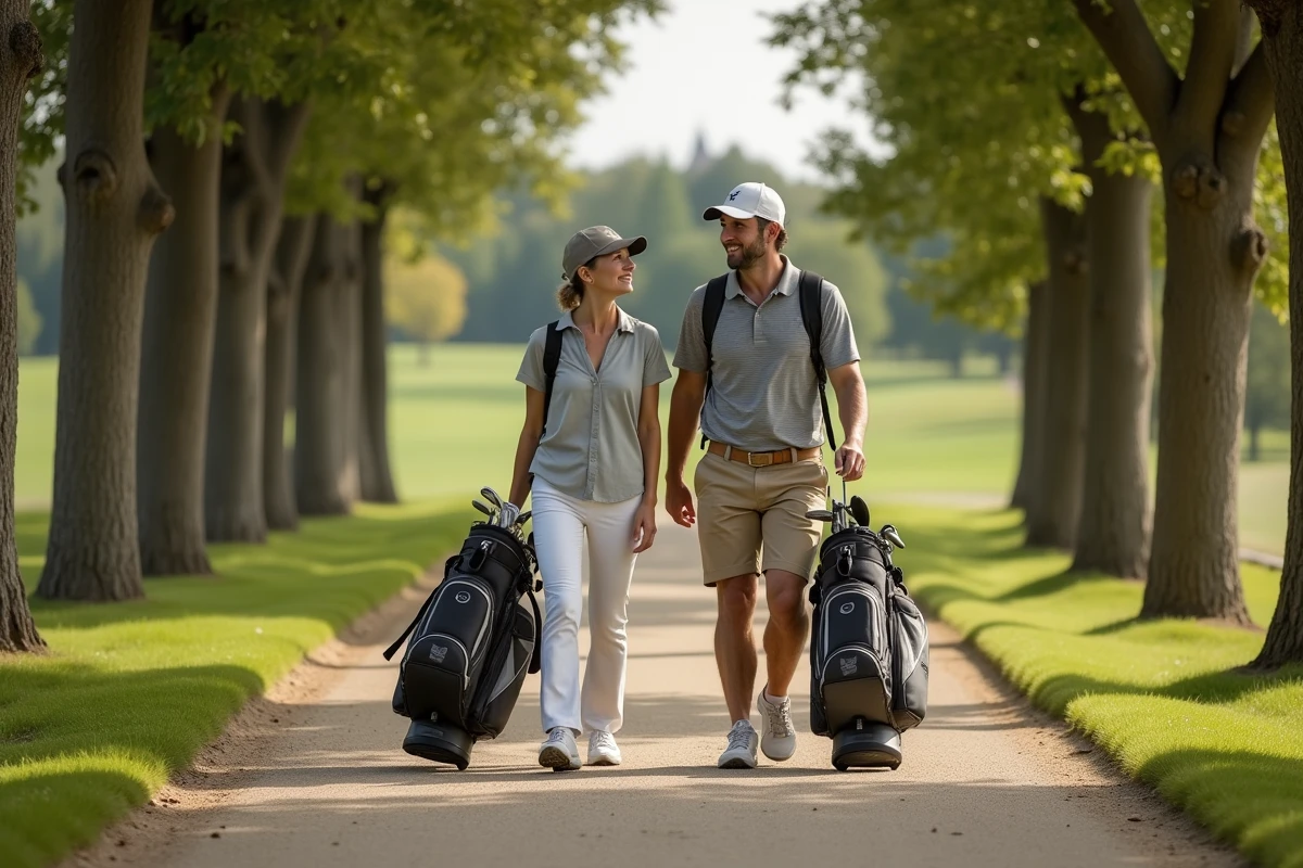 Deux golfeurs débutants qui se promènent sur un parcours de golf en Île-de-France à 30 minutes de Paris