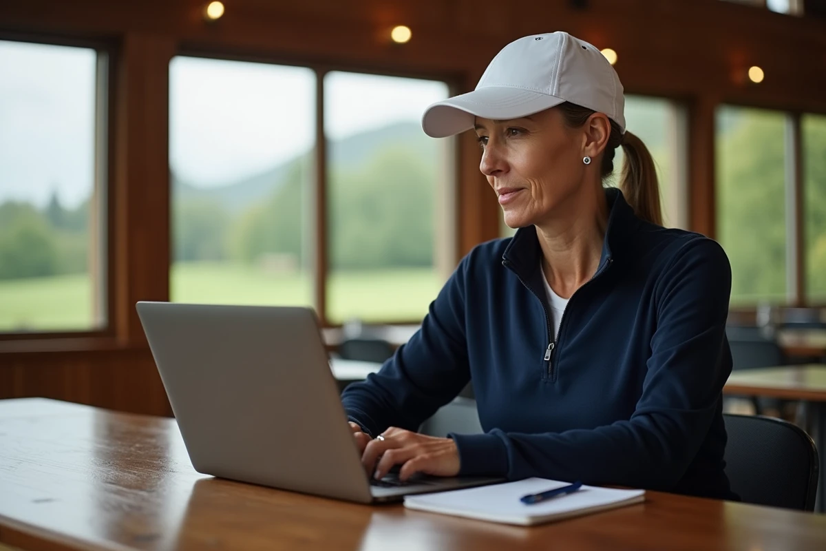 Golfeuse prenant des notes depuis un blog apprendre le golf sur ordinateur portable au club house