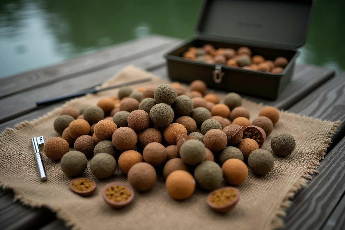 Gros plan de bouillettes carpe texturées sur un ponton en bois avec accessoires de montage
