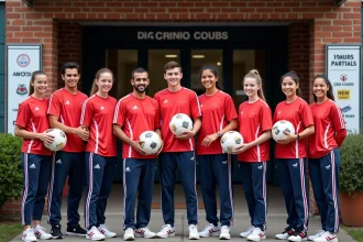 Groupe d'athletes amateurs en maillots devant centre sportif