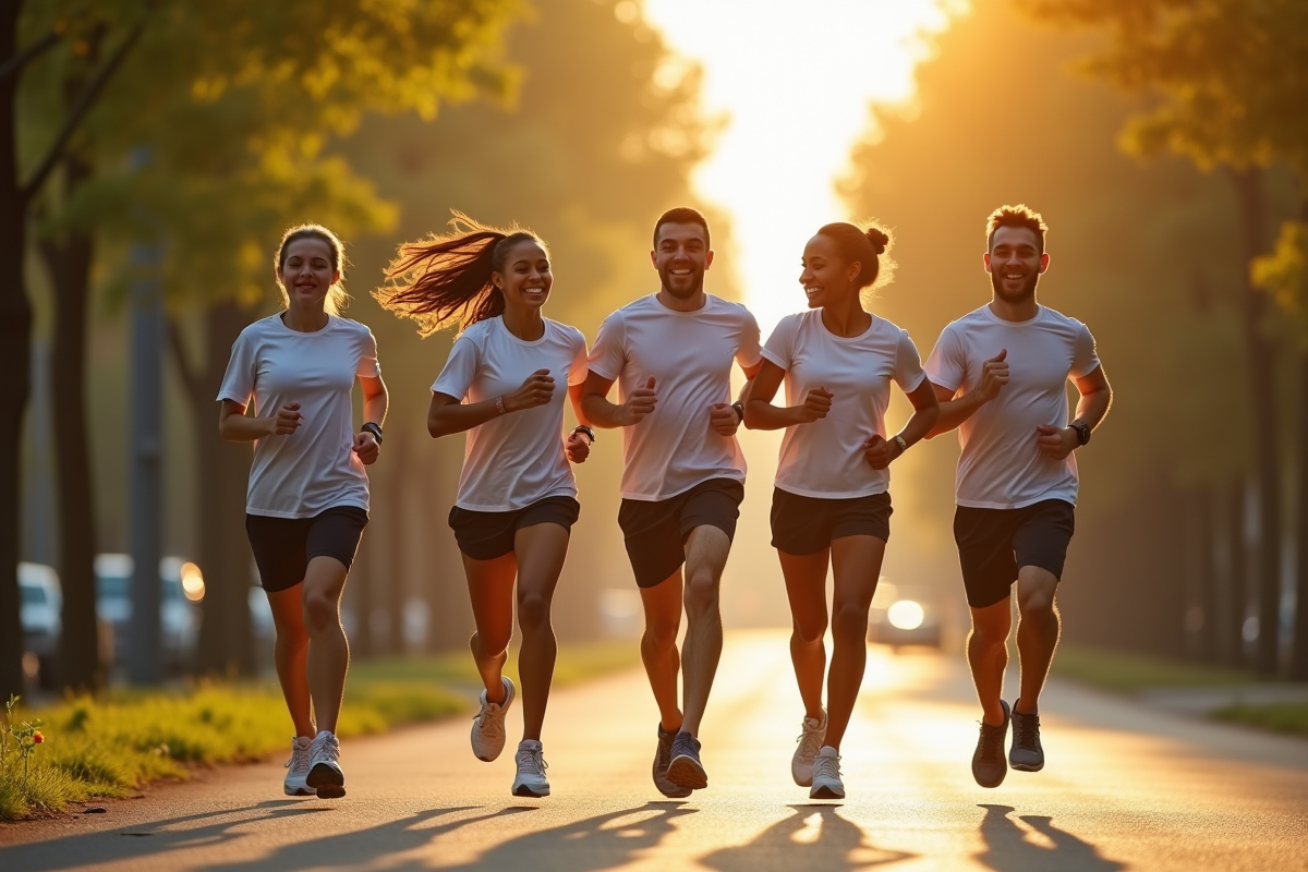 Groupe de coureurs souriants dans la ville au matin