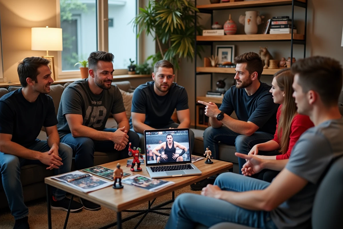 Groupe de fans de catch discutant autour d une table
